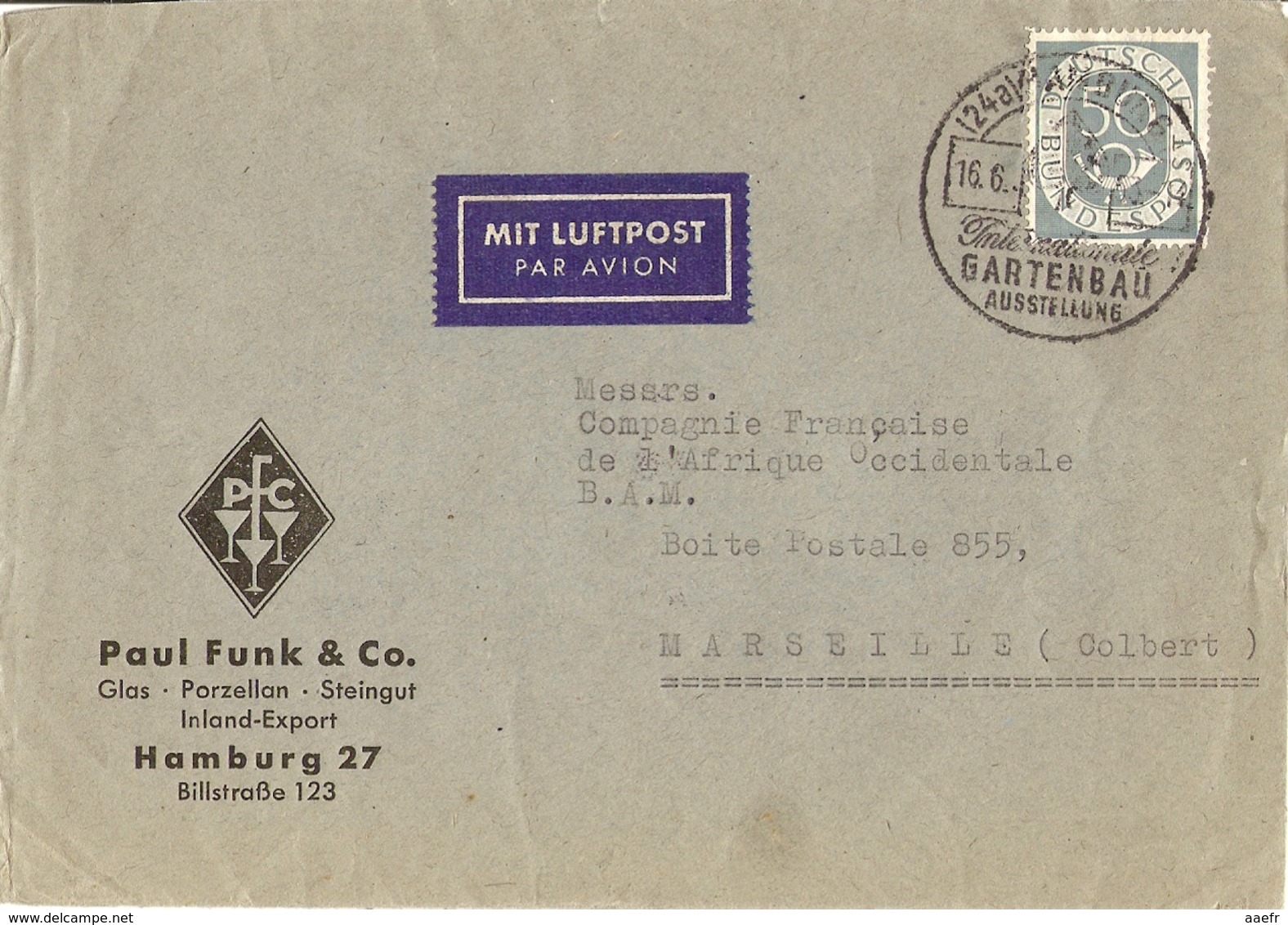 Allemagne Fédérale 1953 - Enveloppe Commerciale Paul Funk - De Hamburg à Marseille - C° Française Afrique Occidentale - Briefe U. Dokumente