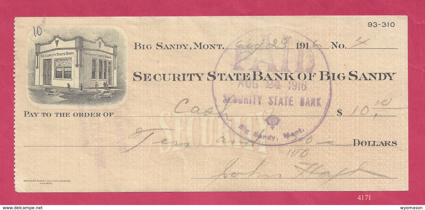 1916 Check From Security State Bank Of Big Sandy, Montana [#4171] - Cheques & Traveler's Cheques