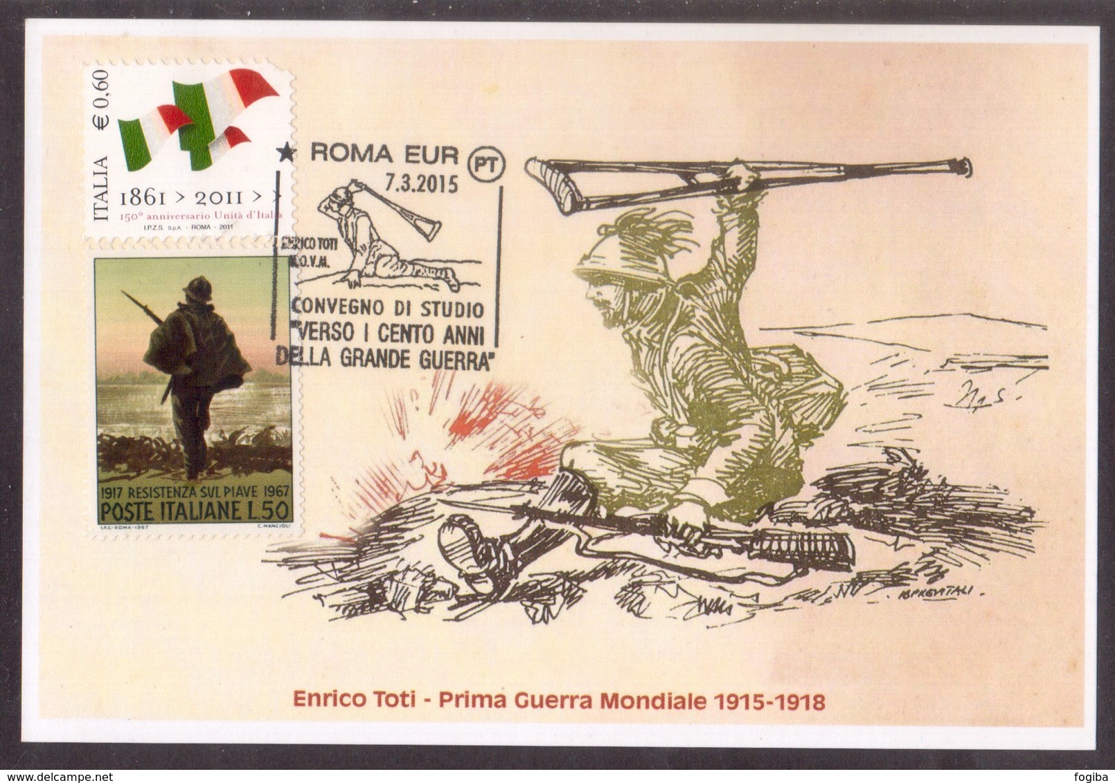 ZN11   Italia 2015 Prima Guerra Mondiale Enrico Toti Annullo Roma Eur Cartolina Postale - Prima Guerra Mondiale