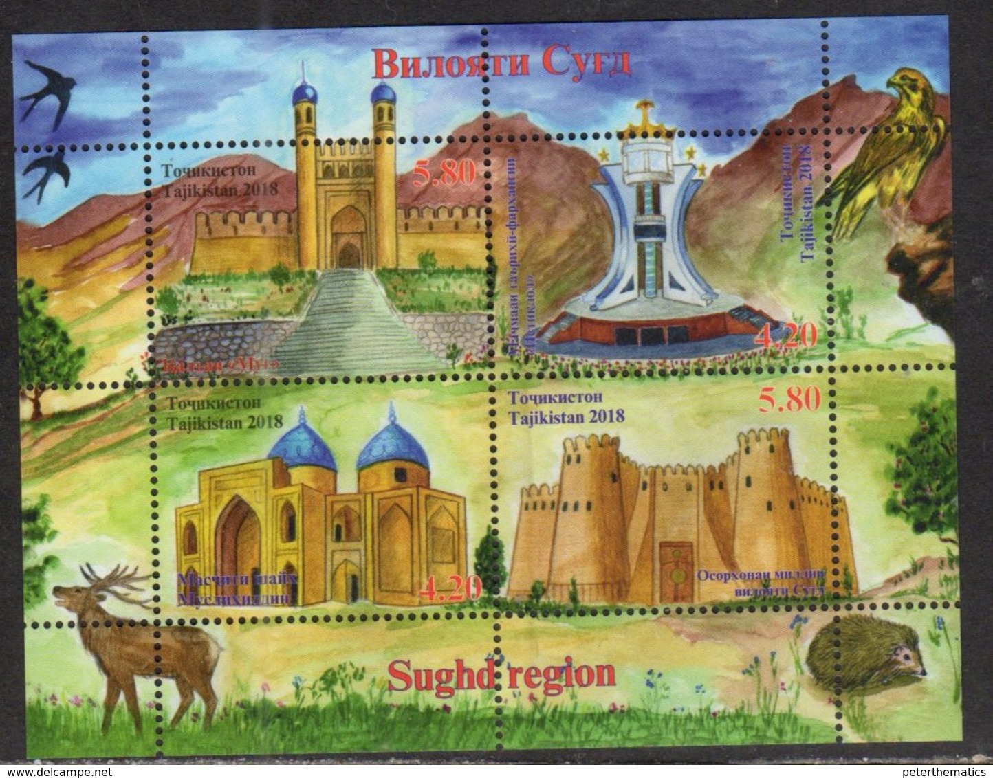 TAJIKISTAN, 2018, MNH, SUGHD REGION, ARCHITECTURE, MOUNTAINS,  MOSQUES, CASTLES, BIRDS,HEDGEHOGS, DEER,  SHEETLET - Geography