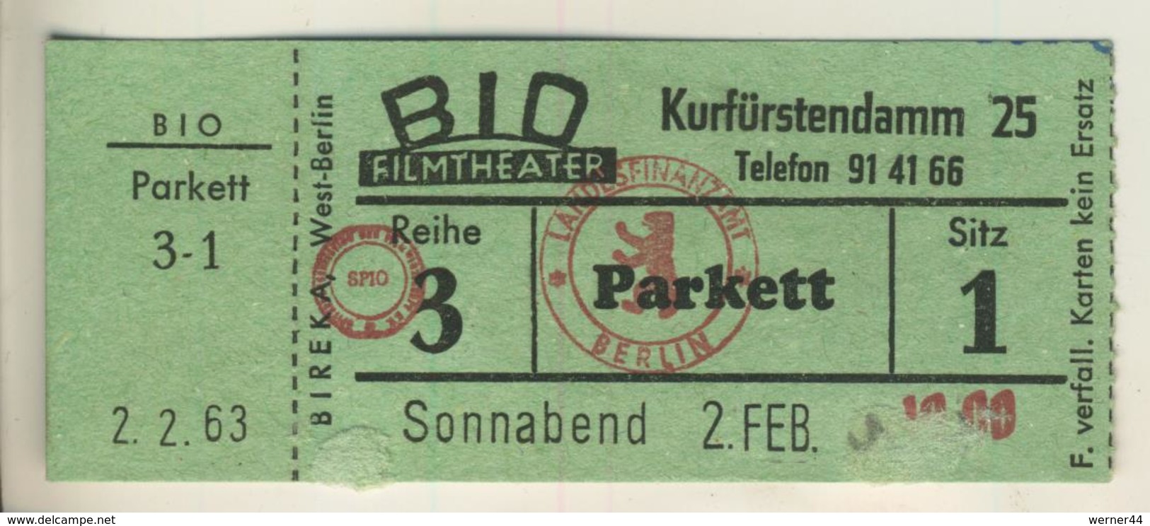 Berlin,Kurfürstendamm 25, Vom 2.2.1963  Eintrittskarte - BID Filmtheater  (53999-45) - Tickets D'entrée