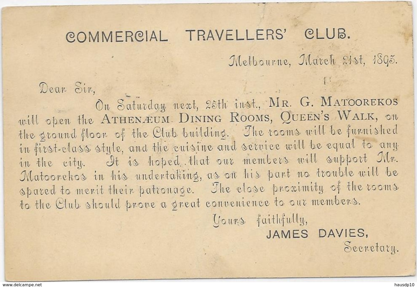 Post Caed Victoria 1893 Melbourne , 1p, Commercial Travellers Club - Covers & Documents