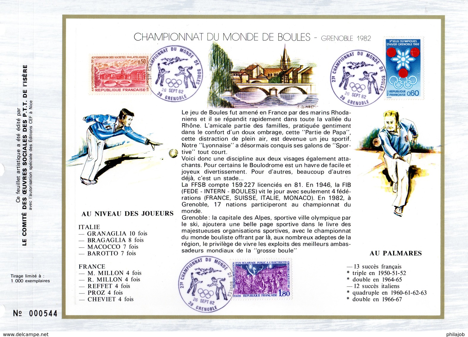 (Tirage 1000 Ex)  " CHAMPIONNATS DU MONDE DE BOULES A GRENOBLE 1982 " Sur Feuillet CEF Spécial. Parfait état. - Bocce
