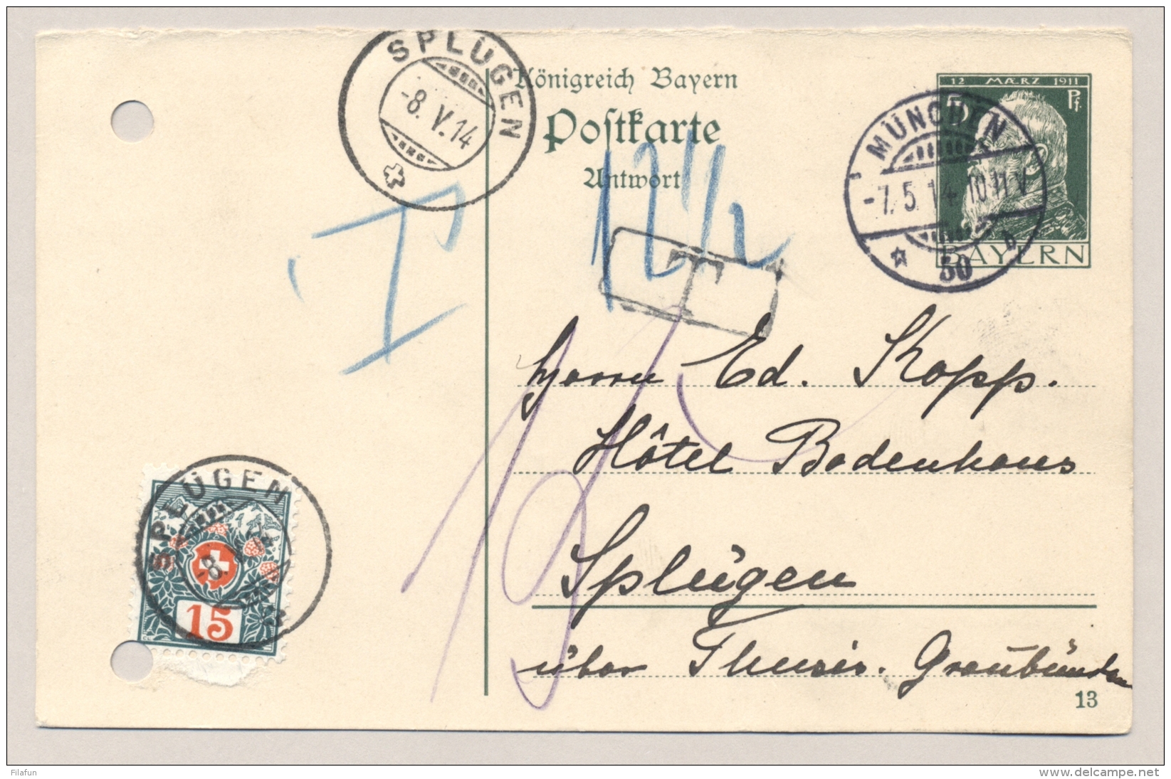 Schweiz - 1914 - 15c Portomarke On Reply-card From München To Splügen - Strafportzegels