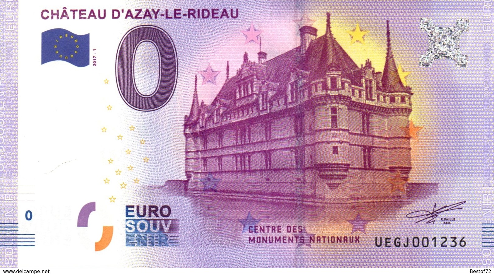 Billet Touristique 0€ Château D'Azay Le Rideau 2017-1 (37) - Other & Unclassified