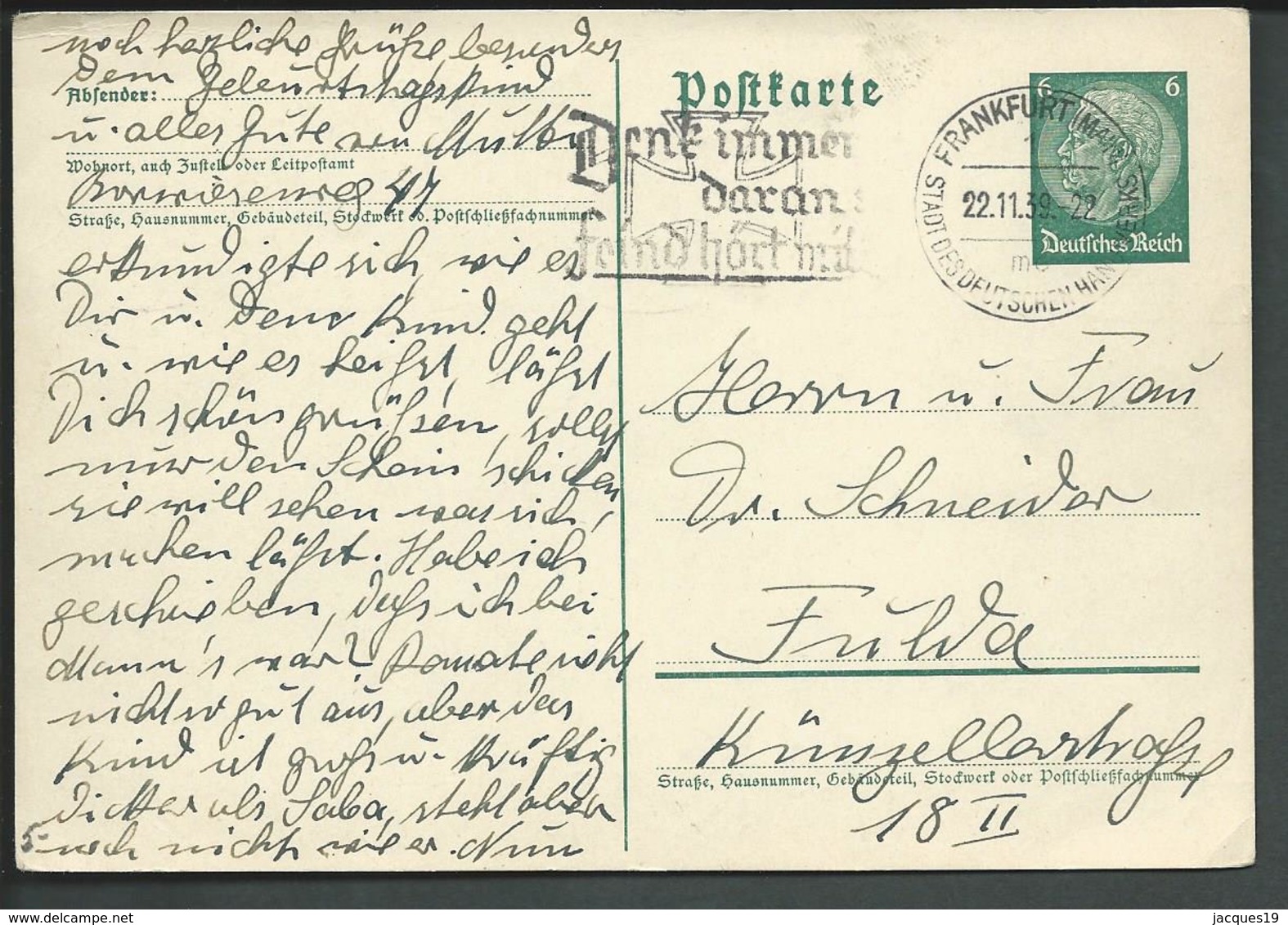 Deutsches Reich Postkarte 22-11-1939 - Briefe U. Dokumente