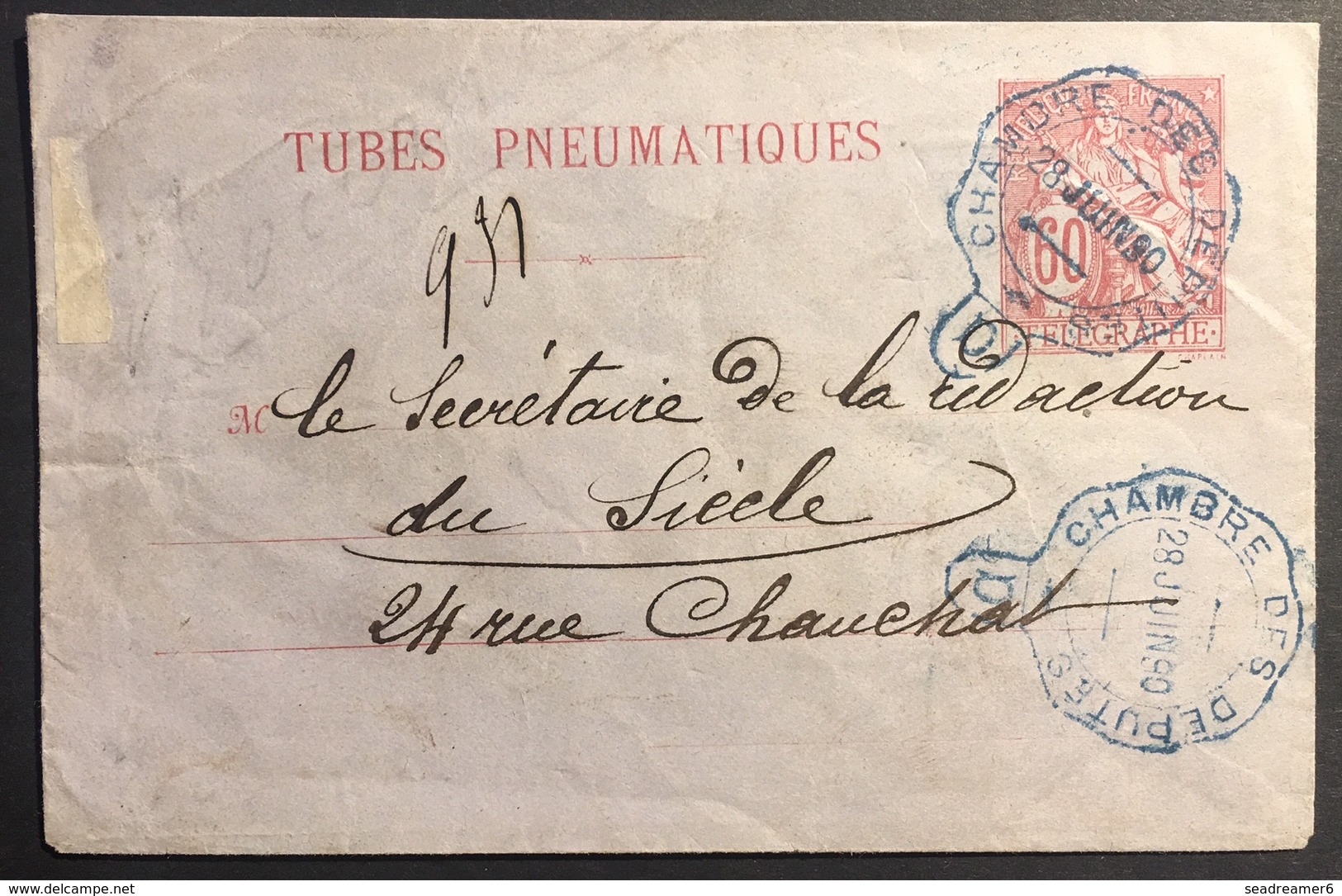 1880 Enveloppe Pneumatique à 60c Rose Sur Bleuté Oblitéré Dateur De La Chambre Des Députés RR - Pneumatiques