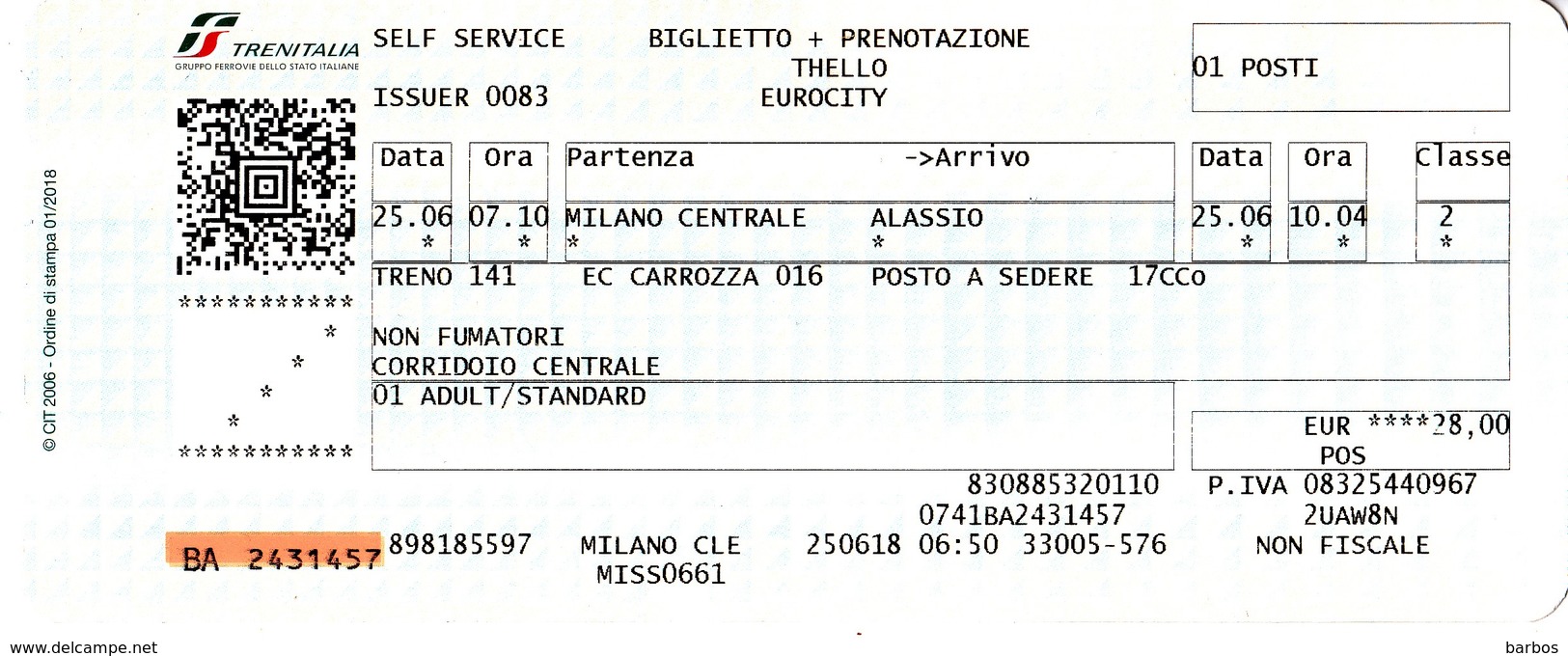 Italy , Milano Centrale -  Alassio  , Railway  Ticket  , Trenitalia ,  2018 , Used - Europe