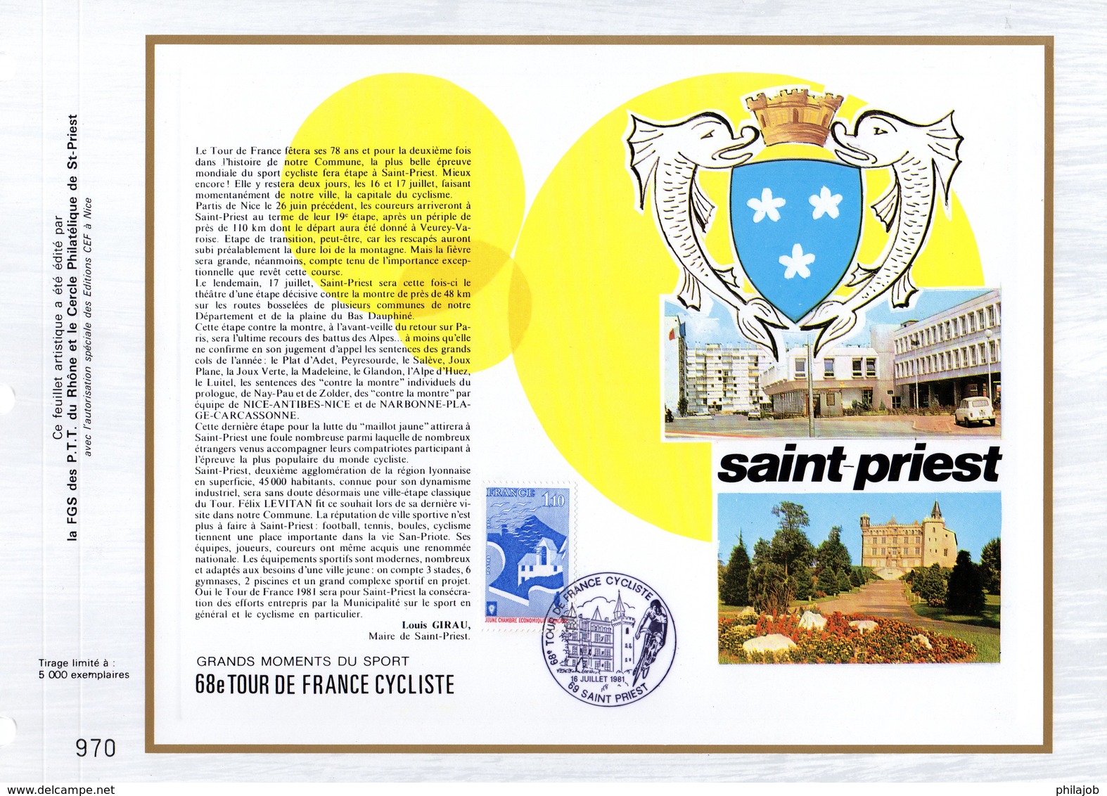 (Tirage 5000 Ex) "  TOUR DE FRANCE / LES ETAPES /  SAINT PRIEST " Sur Feuillet CEF Spécial. Parfait état - Ciclismo