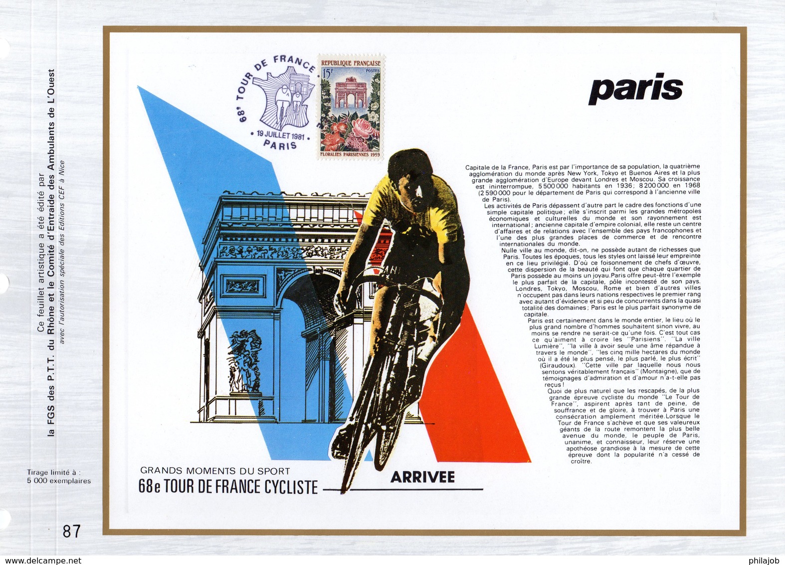 (Tirage 5000 Ex) "  TOUR DE FRANCE / LES ETAPES /  PARIS " Sur Feuillet CEF Spécial. Parfait état - Ciclismo