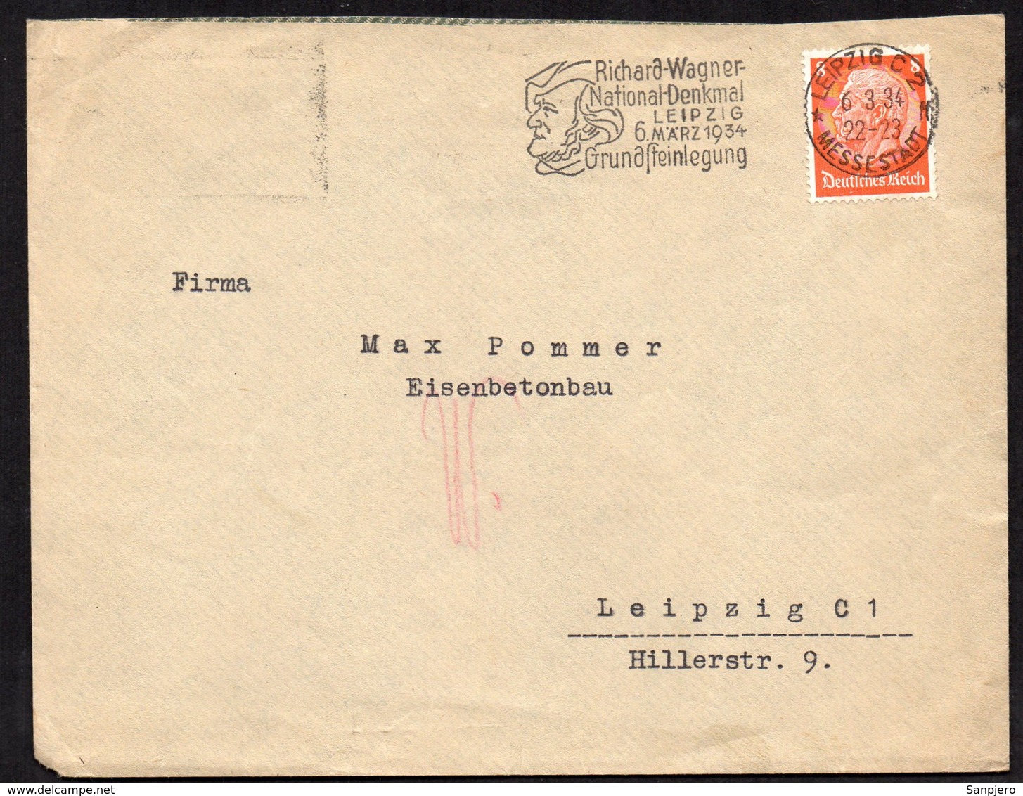 DEUTSCHES REICH 1934. NICE COVER WITH RARE RICHARD WAGNER STEMPEL, LEIPZIG - Storia Postale