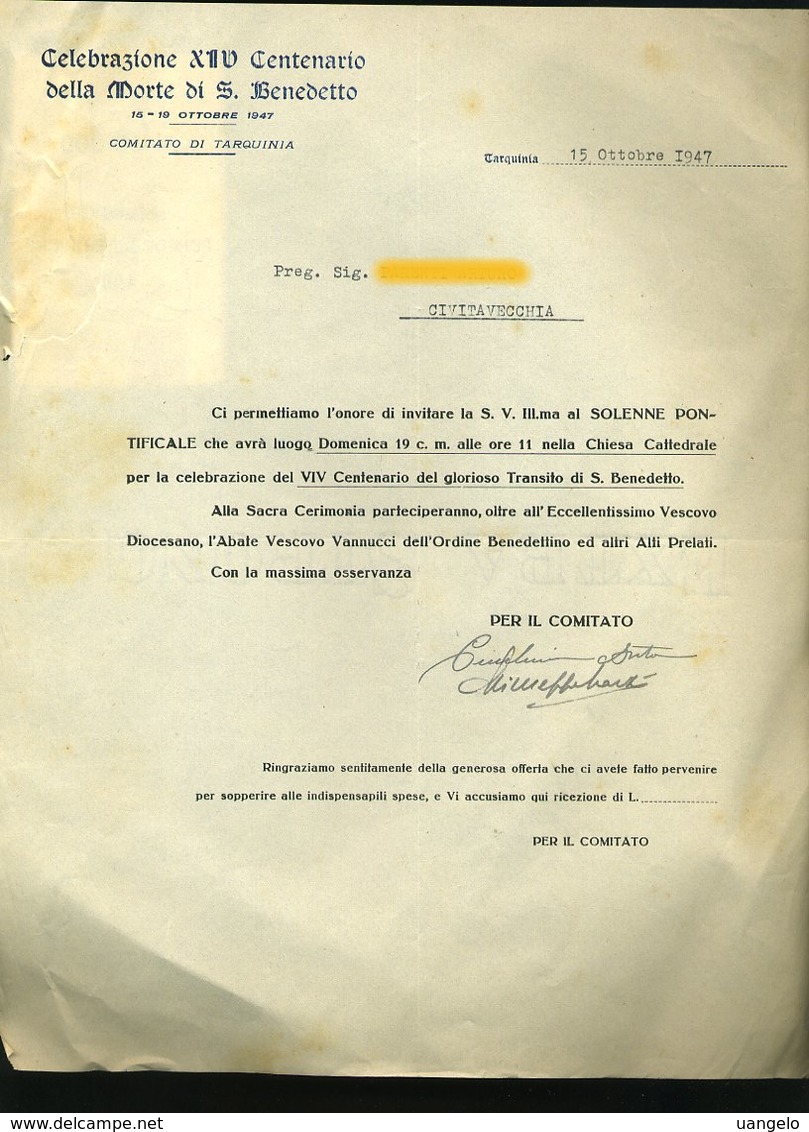 37 TARQUINIA 1947 CELEBRAZIONI XIV CENTENERIO MORTE S. BENEDETTO , COMITATO, LETTERA INTESTATA - Italia