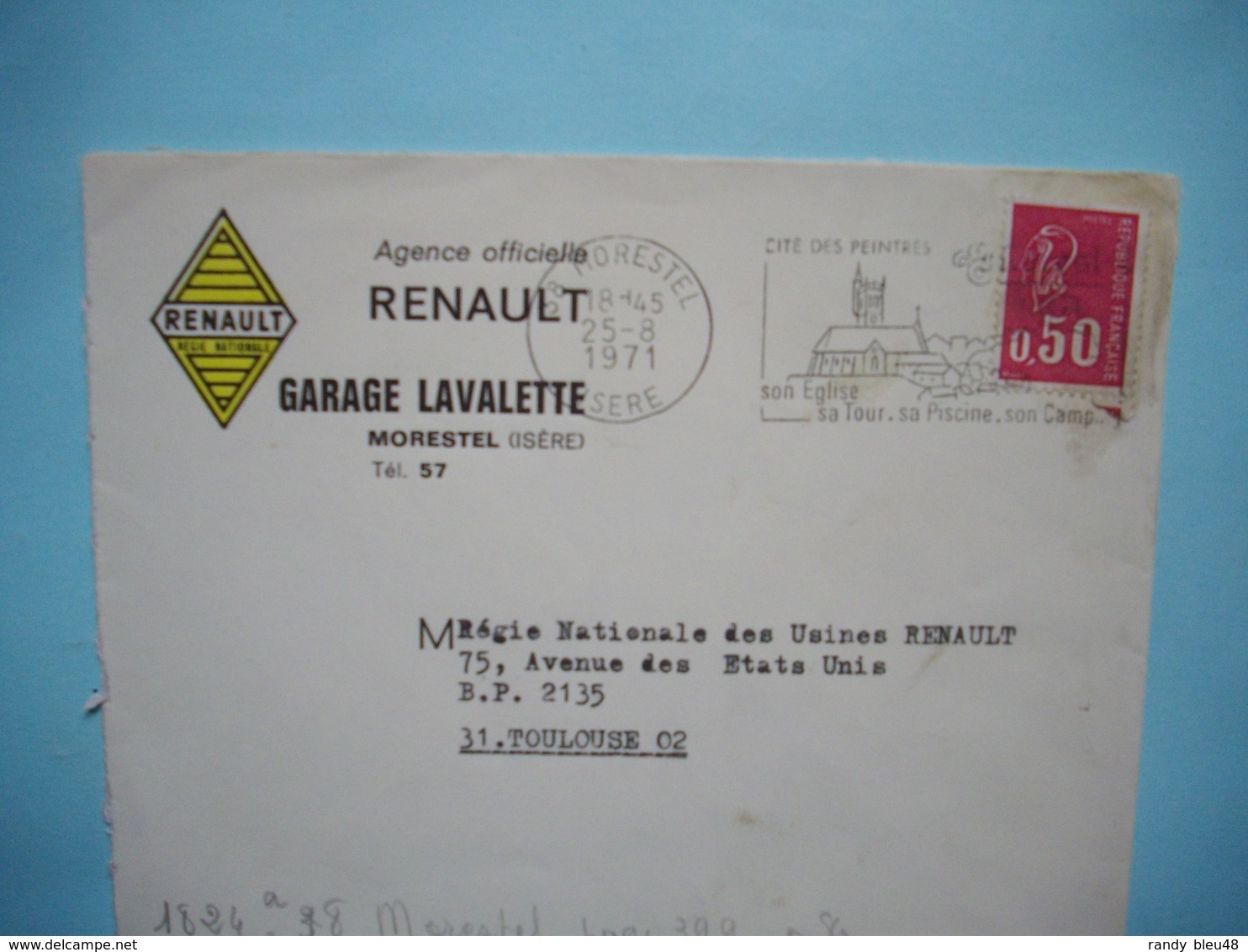 ENVELOPPE PUBLICITAIRE  -  Agence RENAULT  -  Garage LAVALETTE  -  MORESTEL  -  38  -  ISERE  - 1971 - Autres & Non Classés