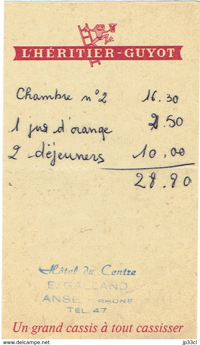 Pub "Cassis L'Héritier Guyot" Sur Ancienne Facture De L'Hôtel Du Centre, Anse (Rhône) (vers 1975) - Sport En Toerisme