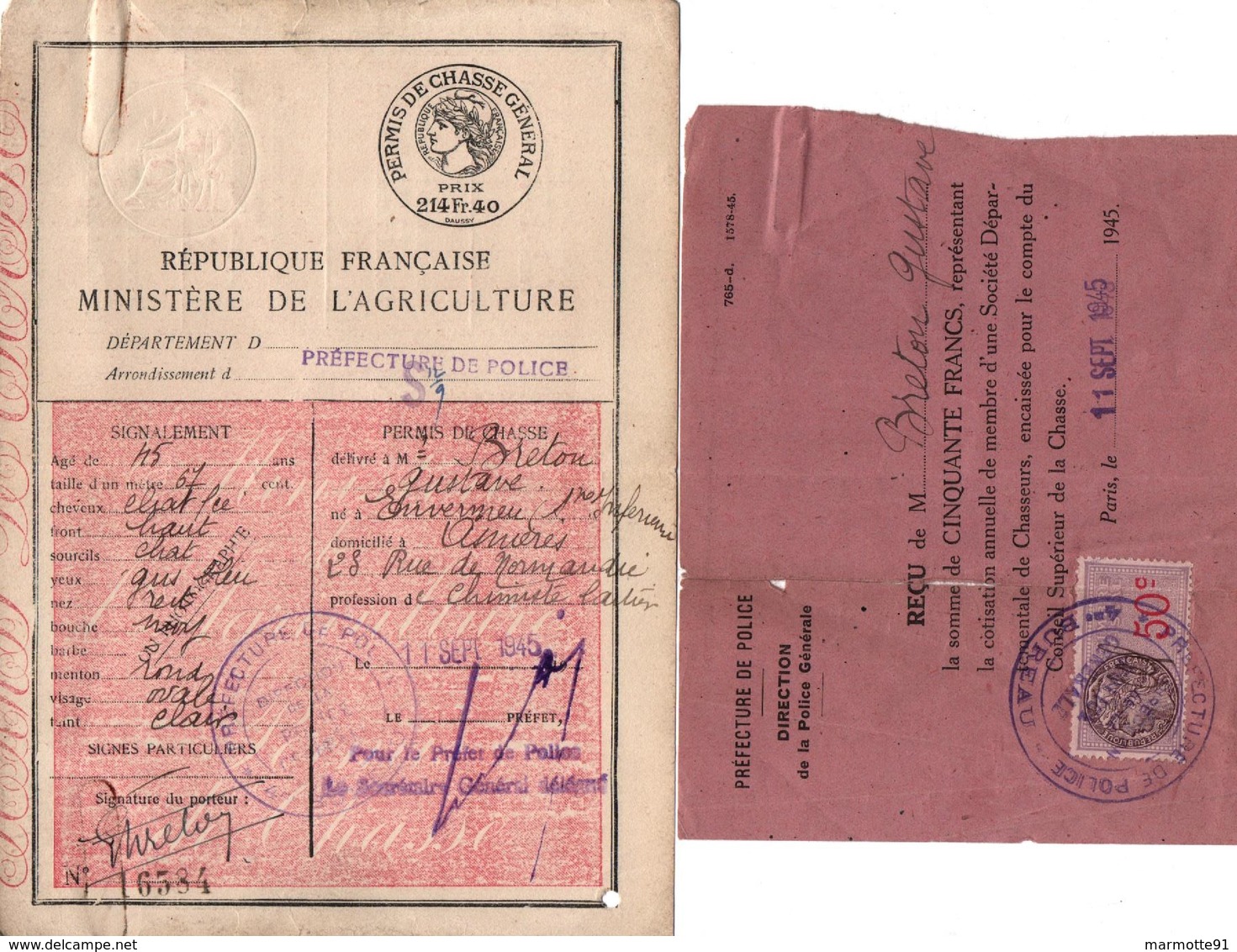 PERMIS DE CHASSE GENERAL 1945 PREFECTURE POLICE - Documents Historiques