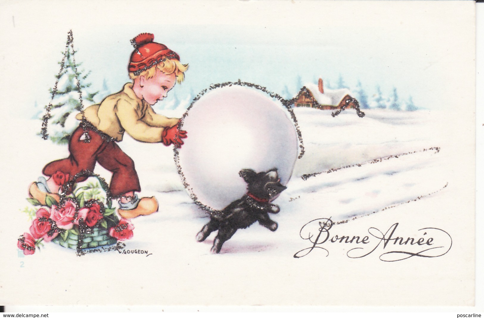 Mignonnette, Enfant, Chien, Boule De Neige, Signée Gougeon, Paillettes ,Bonne Année - Nouvel An