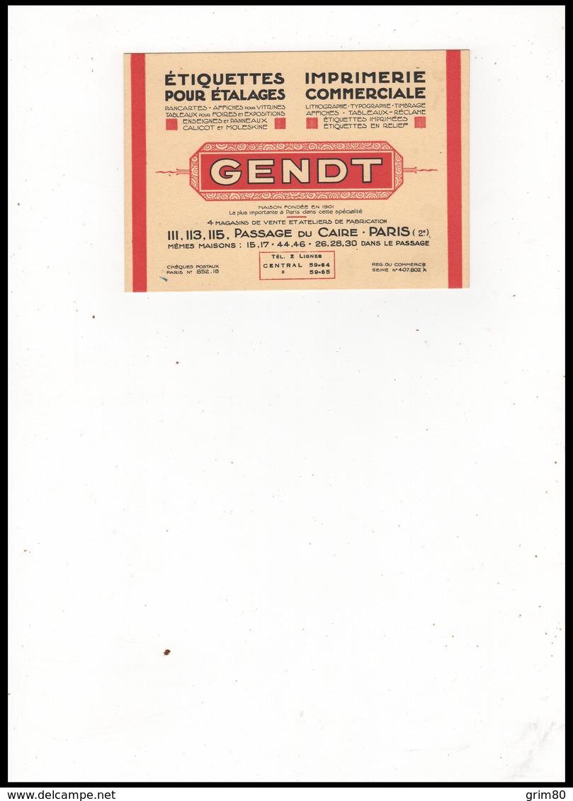 CARTE    ETIQUETTES  POUR ETALAGES     GENDT     PARIS - Cartes De Visite