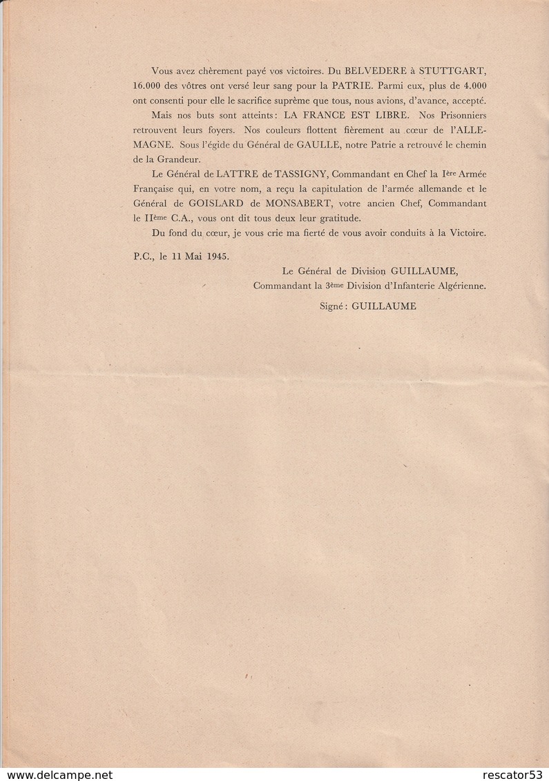 très rare les ordres du jour de la victoire avec insignes 3 eme division infanterie Algérienne et Goums