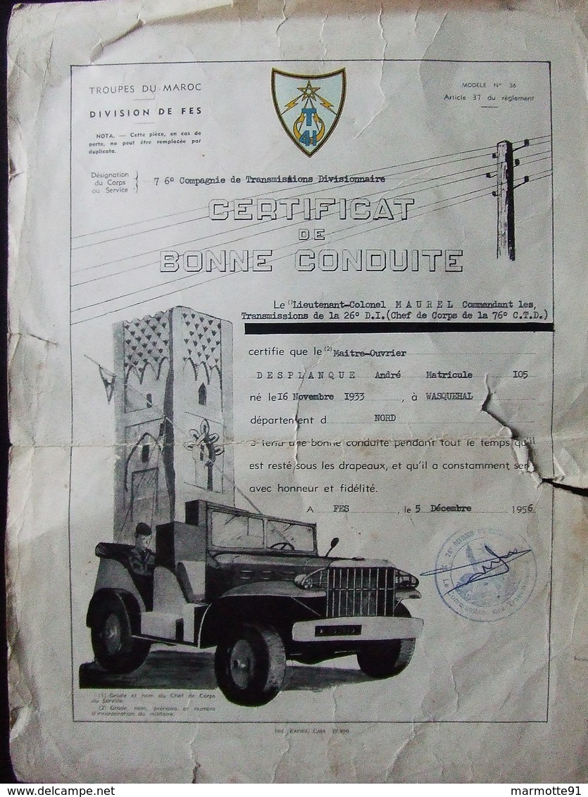 CERTIFICAT BONNE CONDUITE TRANSMISSIONS FES 1956 ALGERIE 76 CTD - Documentos