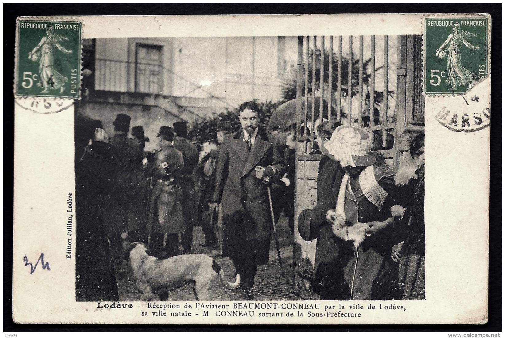 CPA ANCIENNE FRANCE- LODEVE (34)- AVIATION- RECEPTION DE L'AVIATEUR BEAUMONT-CONNEAU- SORTIE DE LA SOUS-PREF. GROS PLAN - Lodeve