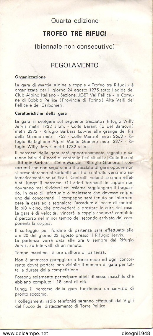 07539 "BOBBIO PELLICE - TROFEO TRE RIFUGI - GARA DI MARCIA ALPINA A COPPIE - C.A.I. UGET - 1975" OPUSCOLO ORIGINALE.