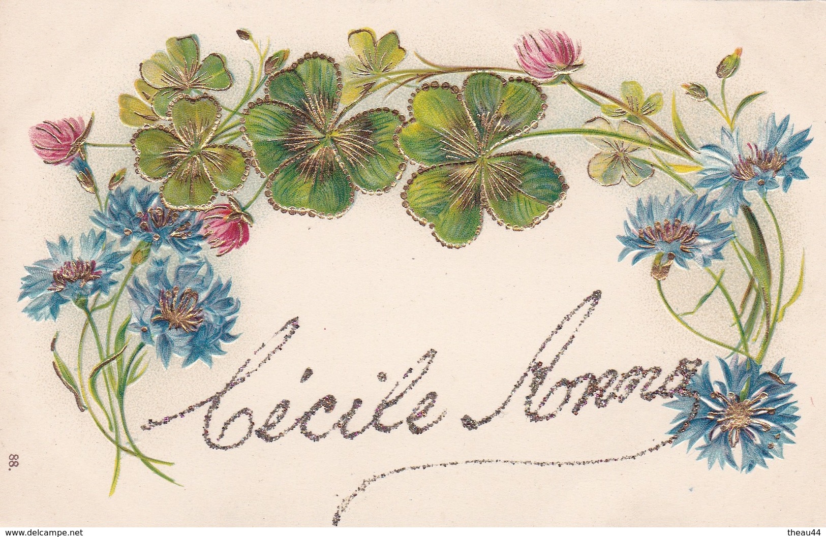 ¤¤  -  Carte Gauffrée Avec Dorure  -  Prénom " CECILE ANNA " -  Fleurs, Trèfles à Quatre Feuilles     -   ¤¤ - Prénoms