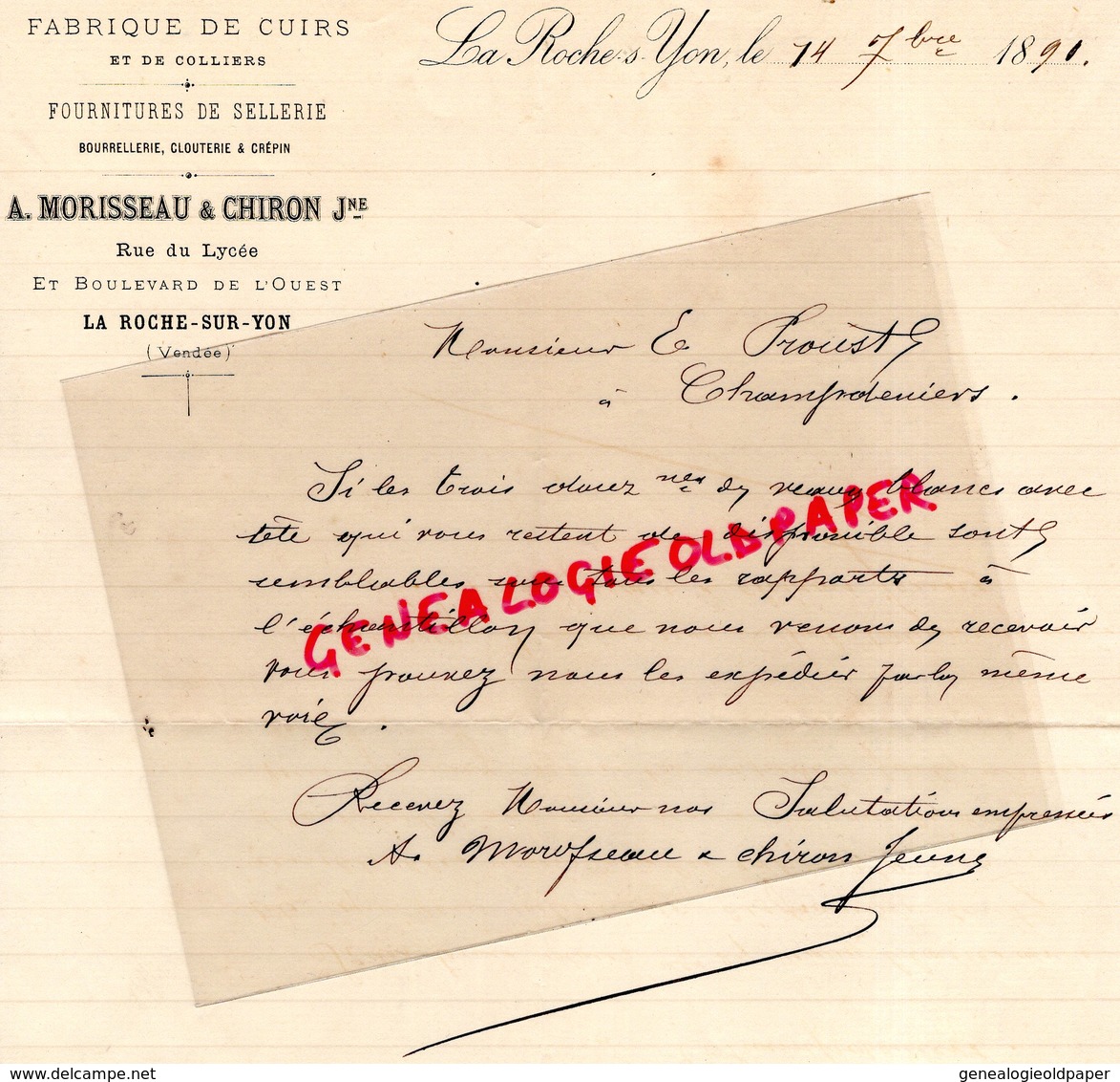 85- LA ROCHE SUR YON- RARE LETTRE MANUSCRITE SIGNEE A. MORISSEAU & CHIRON- FABRIQUE CUIRS-SELLERIE 1891 - 1800 – 1899