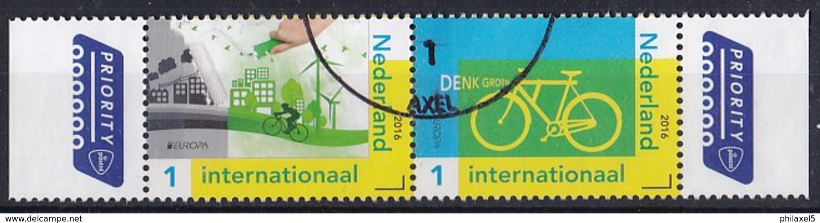 Nederland - PostEurop 2016 - Denk Groen - Fiets/windmolens - Gebruikt/gebraucht/used - NVPH 3399/3400 Strook - Oblitérés