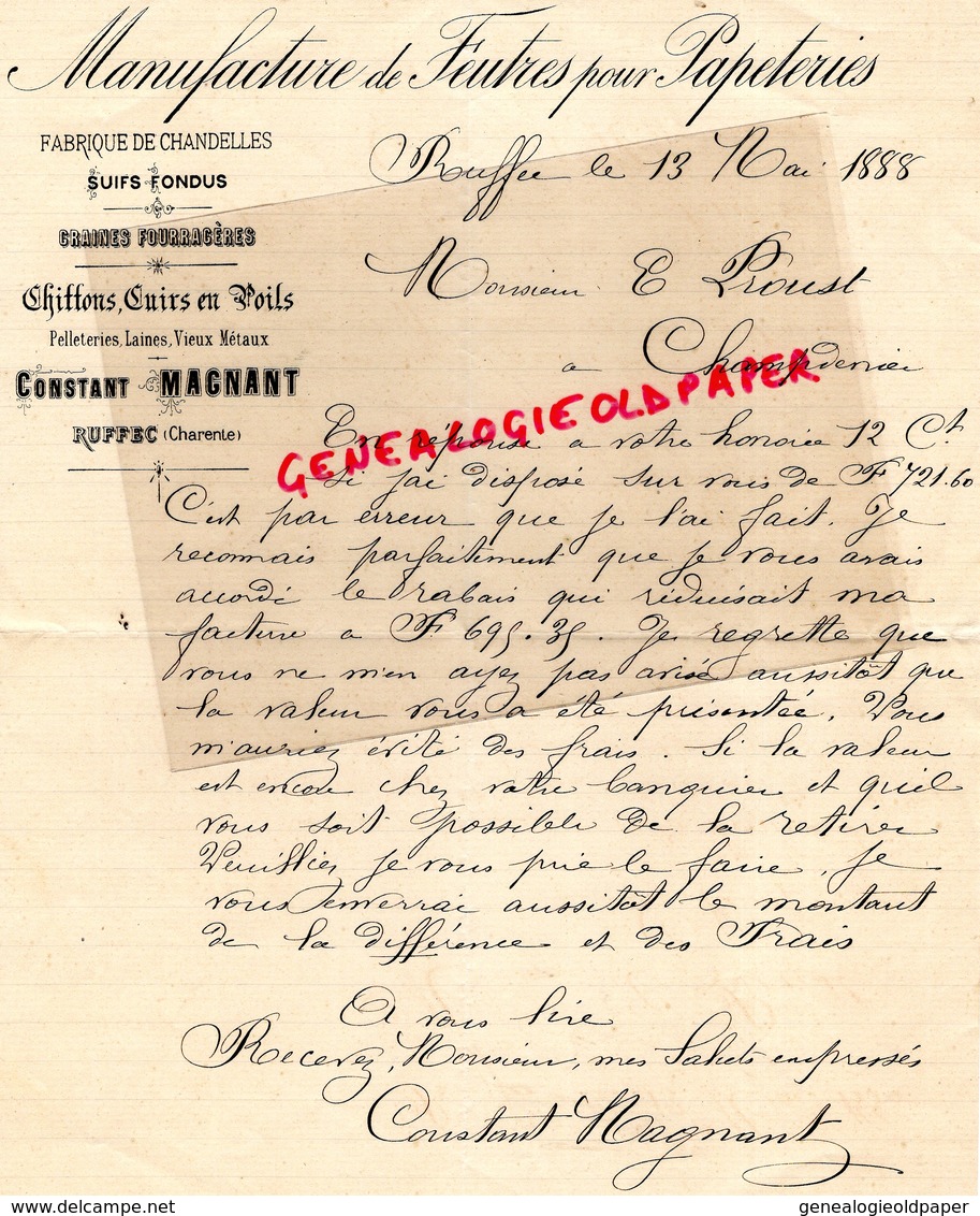 16- RUFFEC- RARE LETTRE MANUSCRITE SIGNEE CONSTANT MAGNANT 1888- FABRIQUE CHANDELLES SUIFS CHIFFONS CUIRS - Petits Métiers