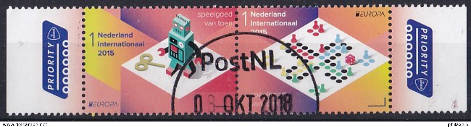 Nederland - PostEurop 2015 - Speelgoed Van Toen - Opwindrobot/bordspel - Gebruikt/used - NVPH 3285/3286 Strook - Oblitérés