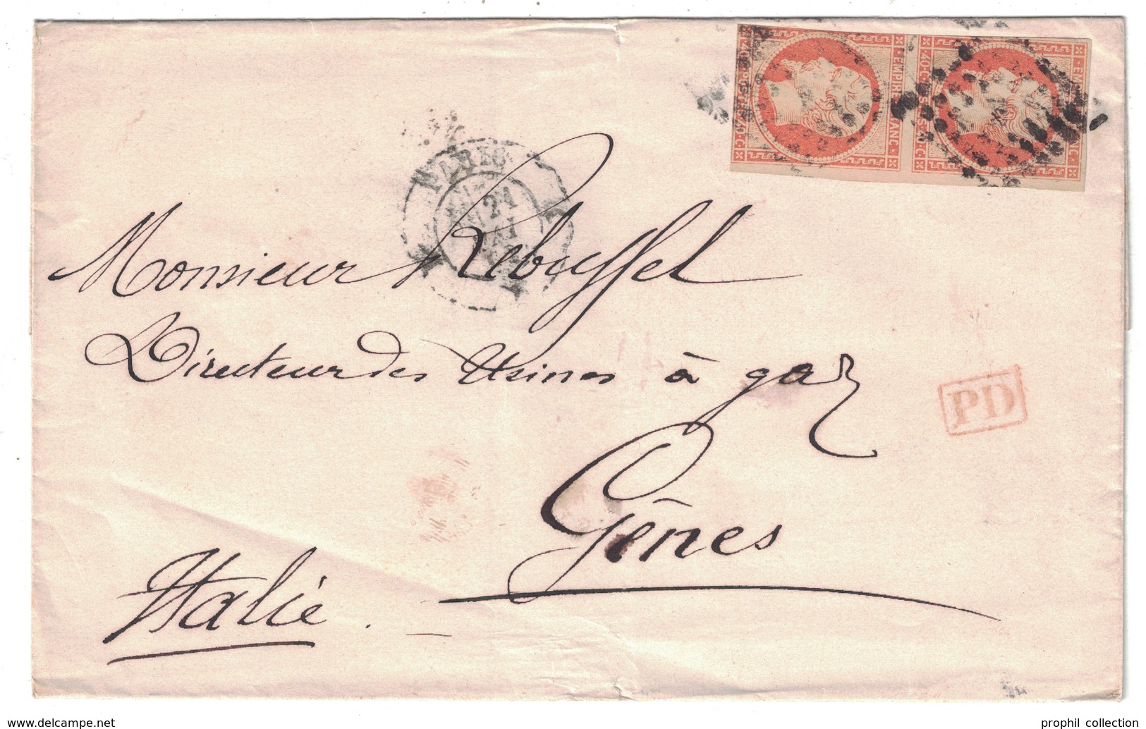 1862 - LETTRE LSC Pour GENES ITALIE Avec AFFRANCHISSEMENT À 80c 2 X NAPOLEON 40c OBLITERATION CAD PARIS K GRAND LOGEMENT - 1849-1876: Période Classique