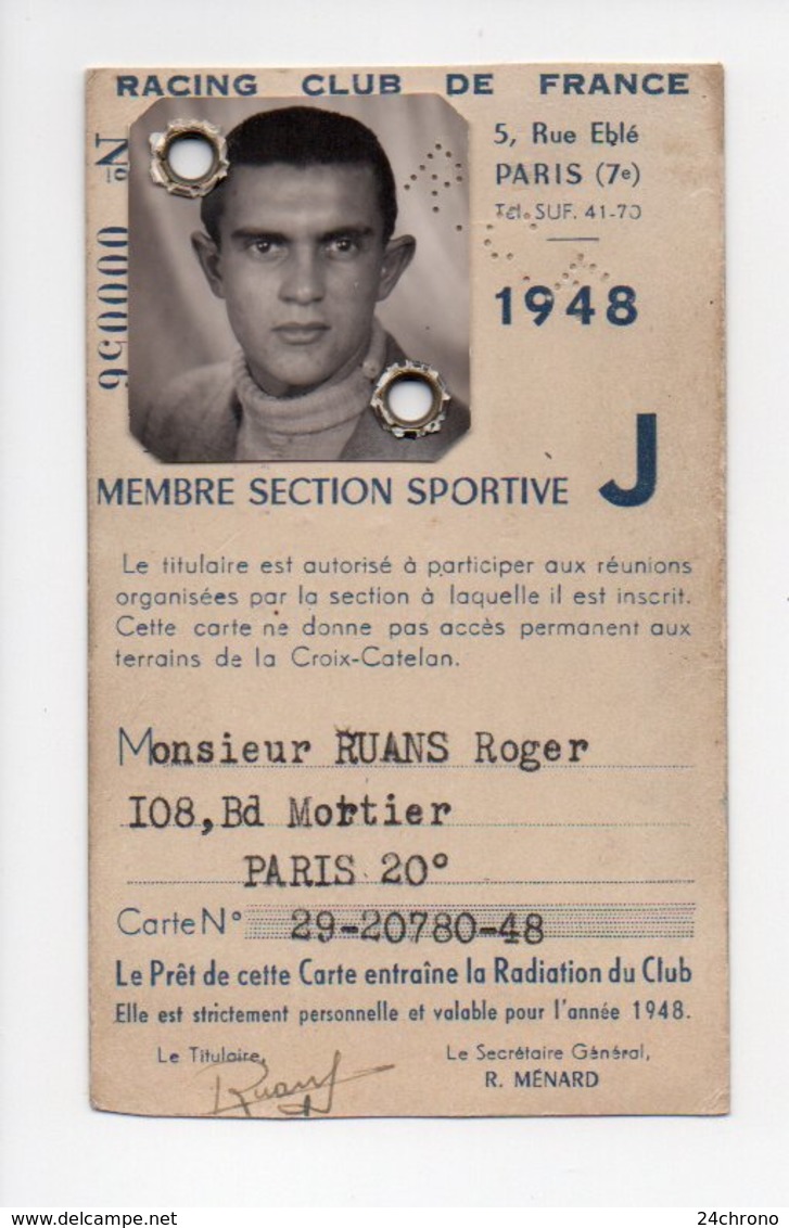 Rugby: Carte De Membre, 1948, Racing Club De France, Roger Ruans, R. Menard (18-3159) - Rugby