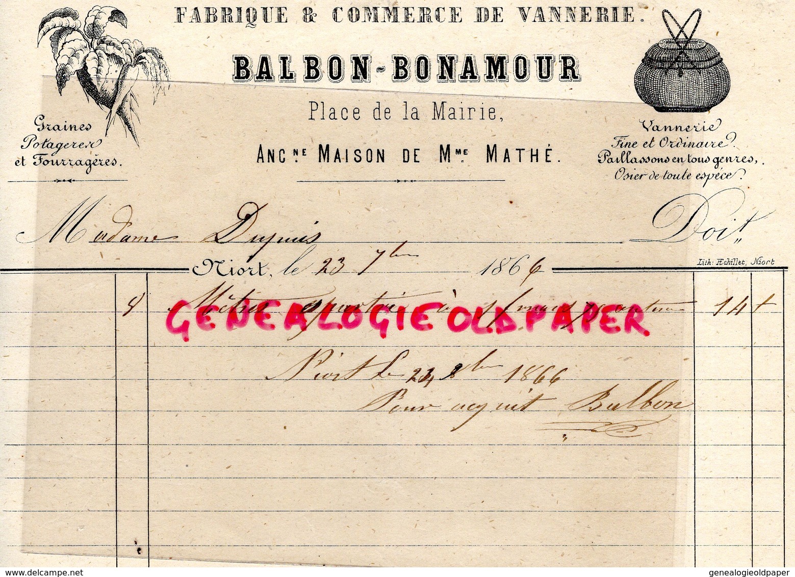 79- NIORT - RARE FACTURE BALBON- BONAMOUR-FABRIQUE COMMERCE VANNERIE-VANNIER- PLACE MAIRIE-1866 OSIER - Petits Métiers