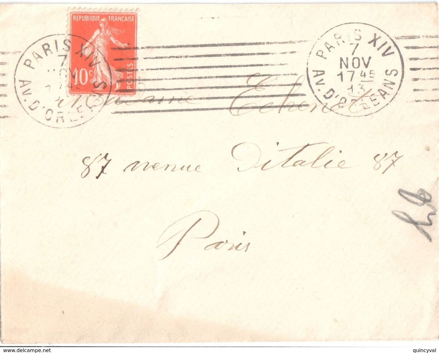 3104 PARIS XIV Av D'ORLEANS Lettre 10c Semeuse Yv 138 Ob Méca Dreyfus A14102 Krag - Mechanical Postmarks (Other)