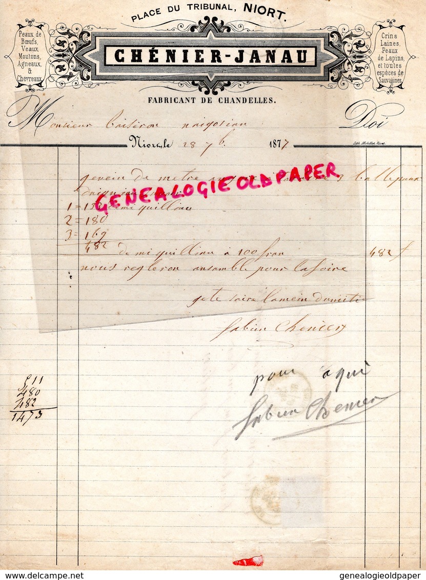 79- NIORT - RARE LETTRE MANUSCRITE SIGNEE CHENIER JANAU-FABRICANT CHANDELLES- PLACE TRIBUNAL 1877 - Petits Métiers