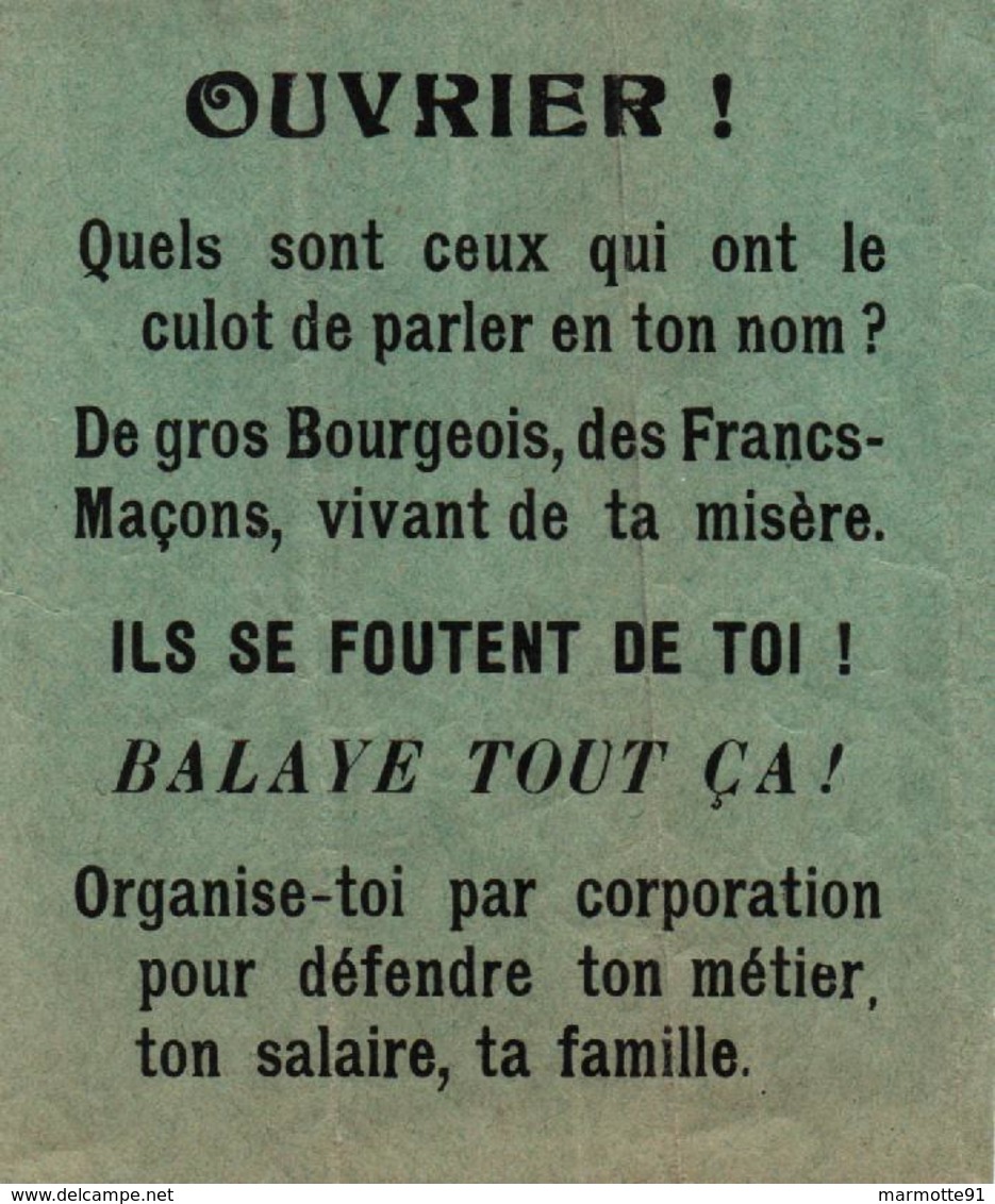 TRACT #12 PAPILLON POLITIQUE ANNEES 30 ANTI BOURGEOIS FRANCS MACONS - Non Classificati