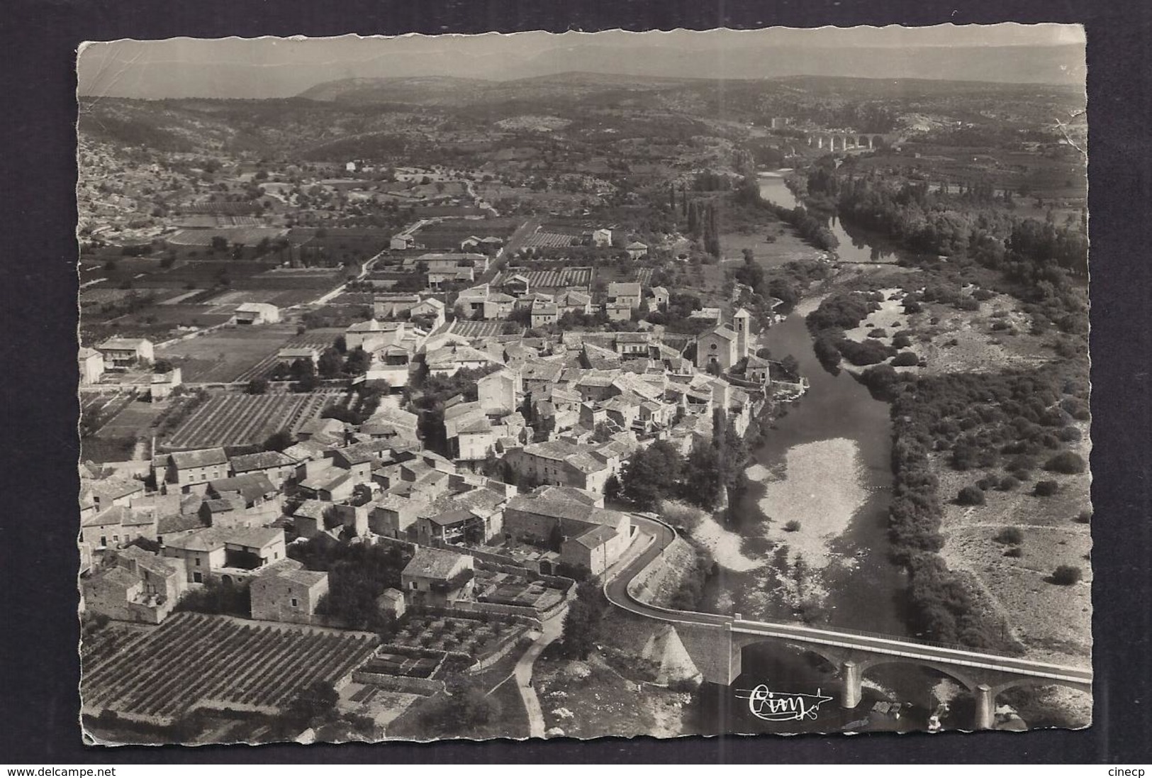 CPSM 07 - LANAS - Vue Générale Aérienne - Le Pont Et Vallée De L'Ardèche - Au Fond , Viaduc De Voguë Et Le Château 1952 - Autres & Non Classés