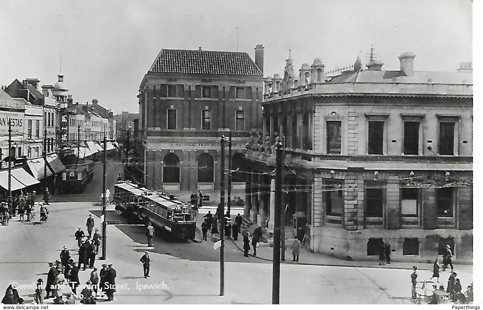 Old Real Photo Postcard, Cornhill And Tavern Street, Ipswich. No. 955. Tram Bus, Shops, Buildings, Street. - Ipswich