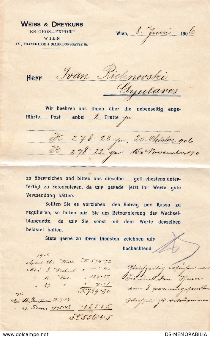 Austria Weiss & Dreykurs Wien Invoice Document 1906 Judaica - Österreich