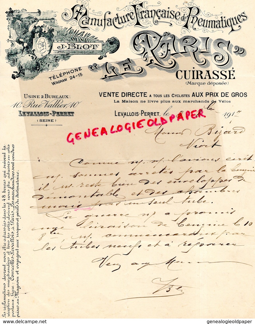 92- LEVALLOIS PERRET- RARE LETTRE MANUSCRITE J. BIOT-LE PARIS-MANUFACTURE FRANCAISE PNEUMATIQUES-CUIRASSE-CYCLISME-1917 - Automobile