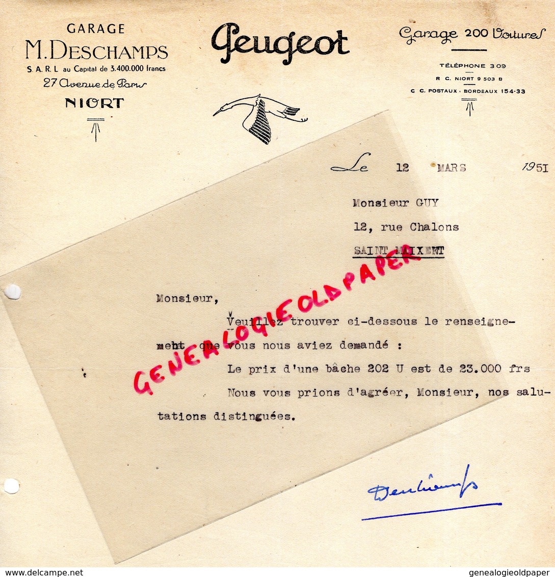 79- NIORT- FACTURE GARAGE M. DESCHAMPS- PEUGEOT-27 AVENUE DE PARIS -1951 - Automobil