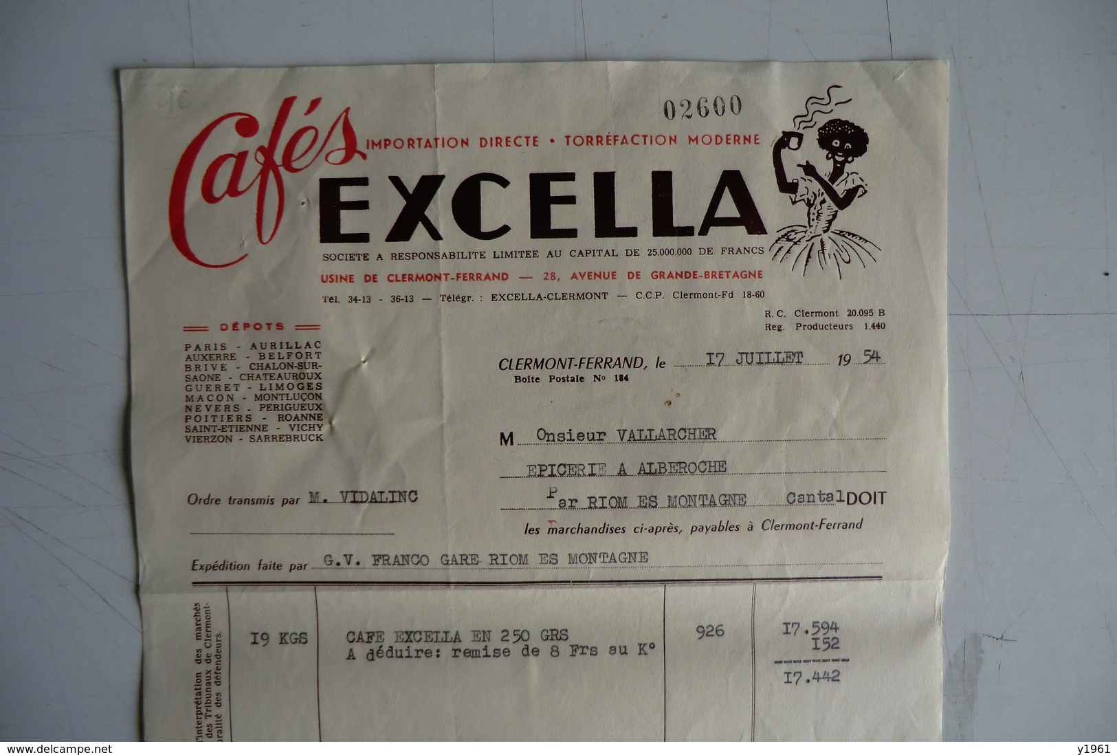 (045) FACTURES DOCUMENTS COMMERCIAUX. 63 PUY DE DOME CLERMONT FERRAND. Cafés EXCELLA. 1954. - Food