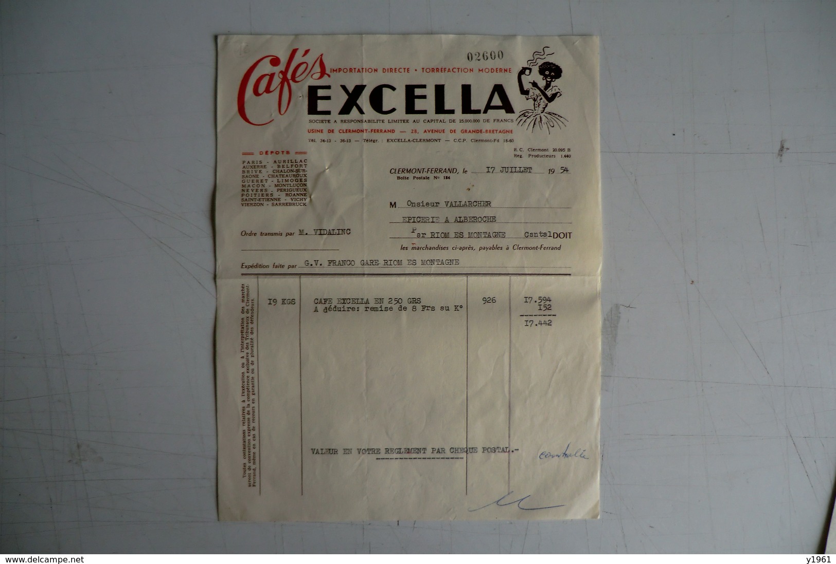 (045) FACTURES DOCUMENTS COMMERCIAUX. 63 PUY DE DOME CLERMONT FERRAND. Cafés EXCELLA. 1954. - Food
