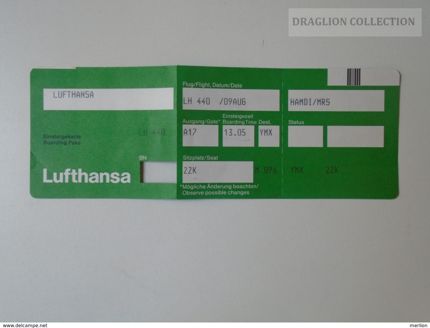 ZA101.5  Airplane - LUFTHANSA Airline  - Boarding Pass  LH 44í - Autres & Non Classés