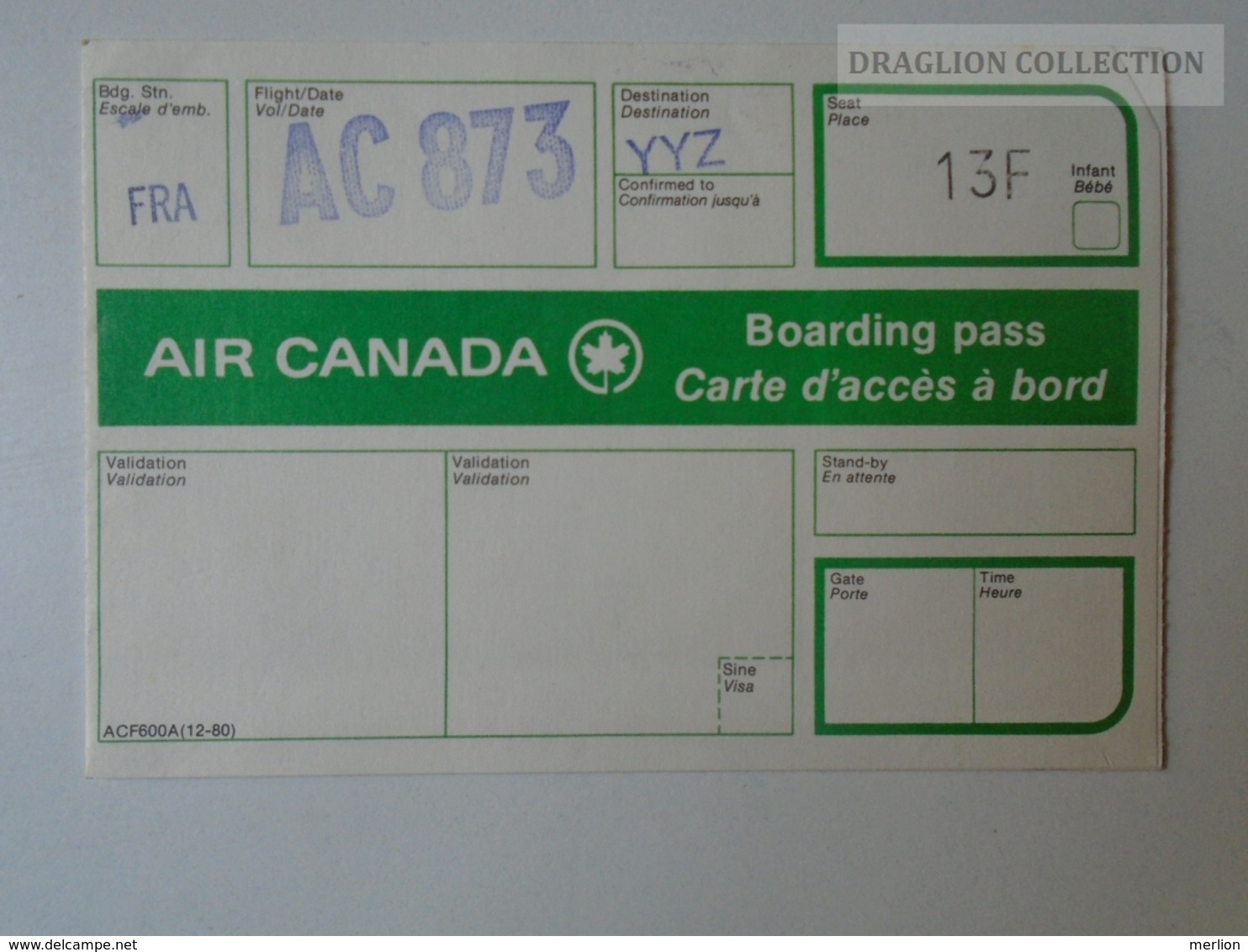 ZA101.11  Airplane -  Airline  - Air Canada -Boarding Pass Flight AC873 - Autres & Non Classés
