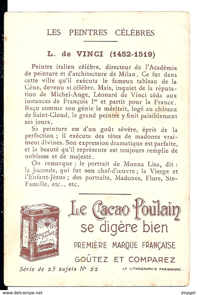 Chromos Chocolat Poulain Orange Série Peintres Célèbres "Musée ? Léonard De Vinci La Joconde" N°22 - Poulain