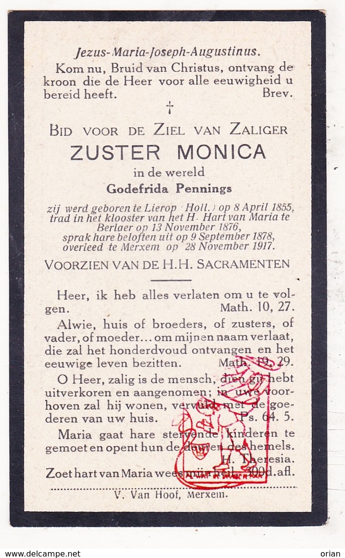 DP EZ Godefrida Pennings - Zr. Monica ° Lierop Someren NL NB 1855 † Merksem BE 1917 / Klooster H. Hart Berlaar - Images Religieuses