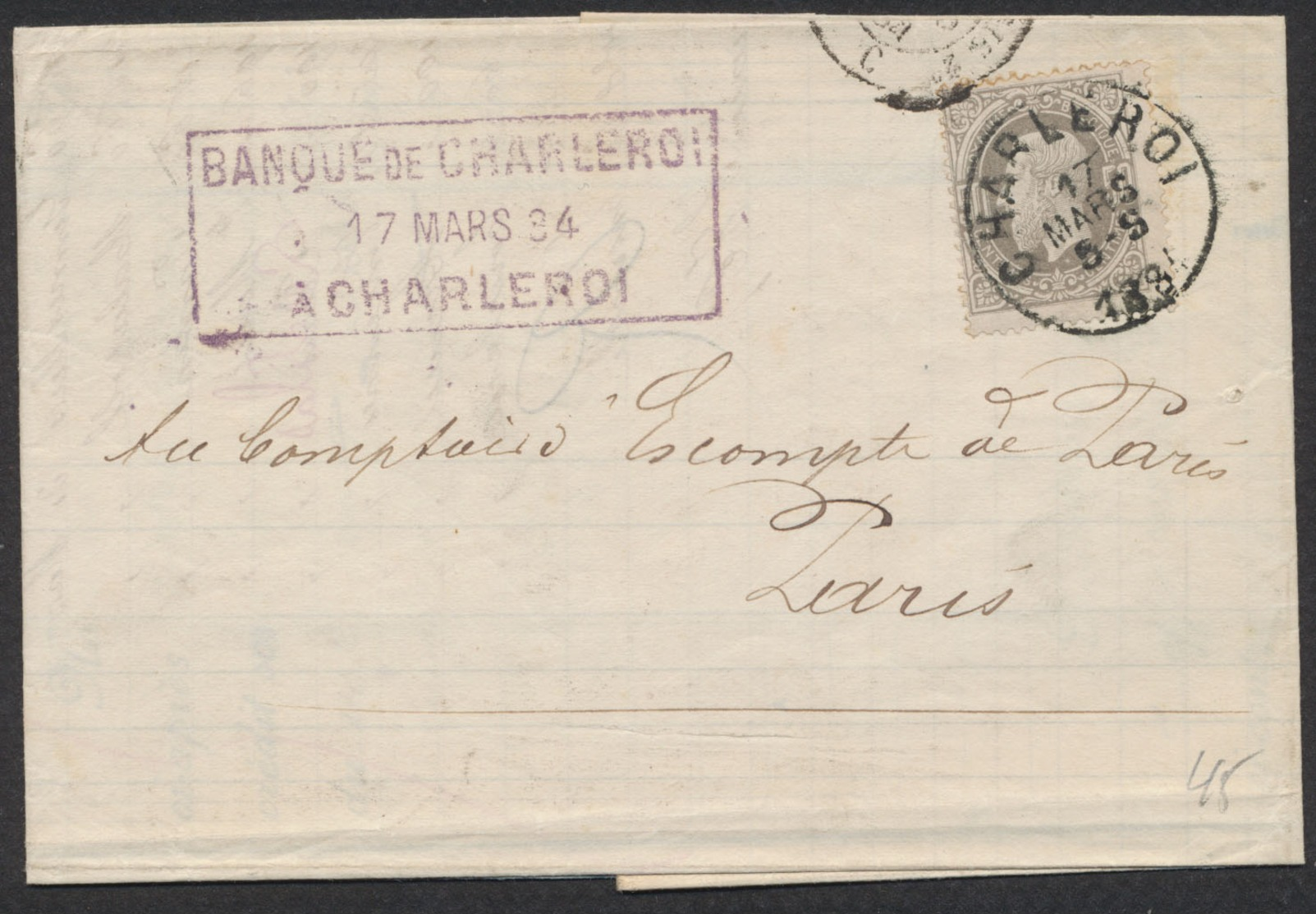 émission 1869 - N°35 Sur LAC Obl Simple Cercle "Charleroi" 17/3/1884 Vers Paris + Encadré "Banque De Charleroi" - 1869-1883 Leopold II