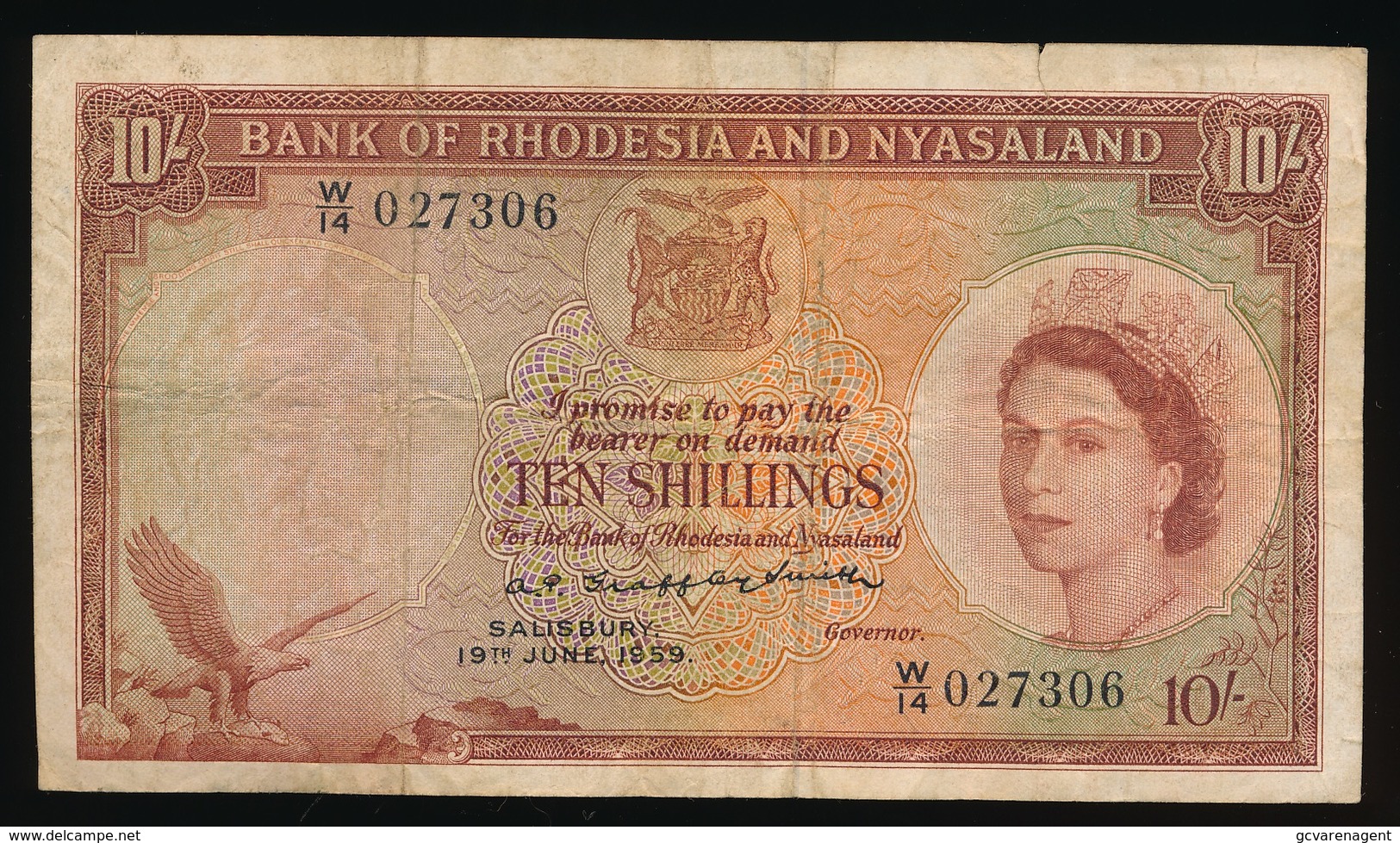 BANK OF RHODESIA AND NYSALAND TEN SHILLINGS 19 JUNE  1959  W / 14   2 SCANS - Rhodesia