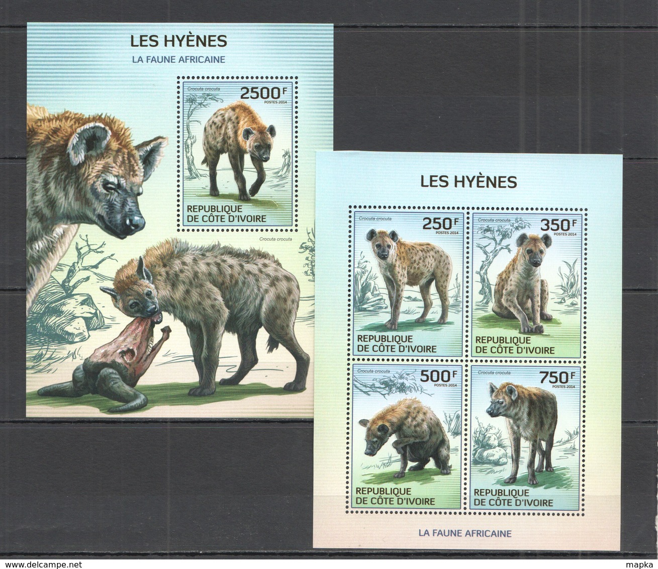 SS037 2014 IVORY COAST FAUNA ANIMALS WILD DOGS HYENS KB+BL MNH - Other & Unclassified